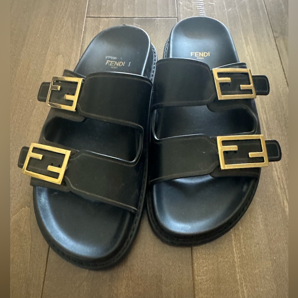 Fendi F Buckle Black Leather Slides